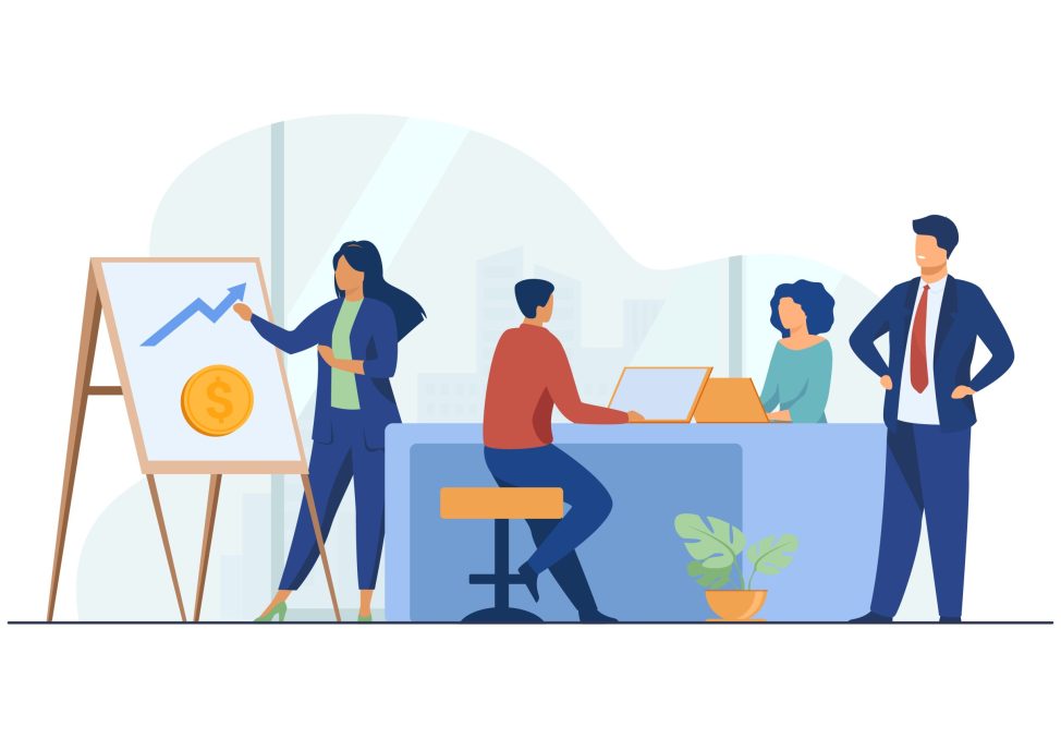 Marketing professional presenting financial chart to boss. Business team working in office flat vector illustration. Business, project management concept for banner, website design or landing web page